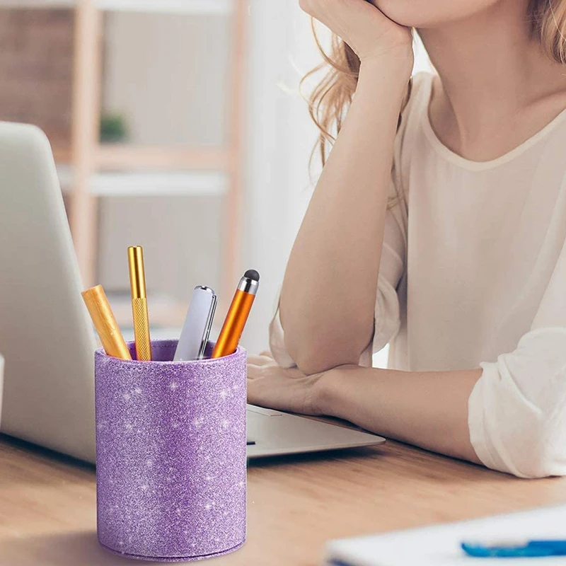 

PU Glitter Pen Holder Pencil Cup Shiny Makeup Brush Holder Organizer Cup for Desk Office Classroom Home