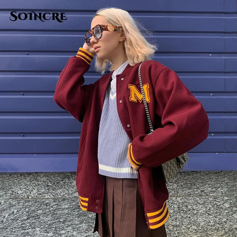 

Autumn Winter Oversized Varsity Jacket Women 2021 Fashion Letter Embroidery High Street Red Baseball Jackets Casual Retro Coats
