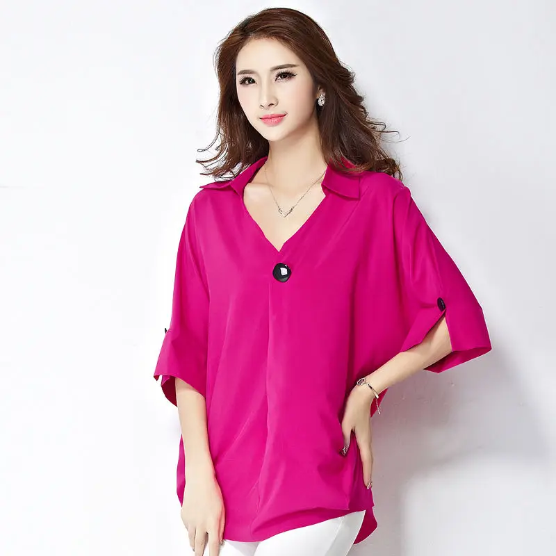 

2021New Large Size Women Chiffon Summer V- Neck Half Sleeve All-Match Tops Button Decoration Chiffon Loose Elegant Female Shirt