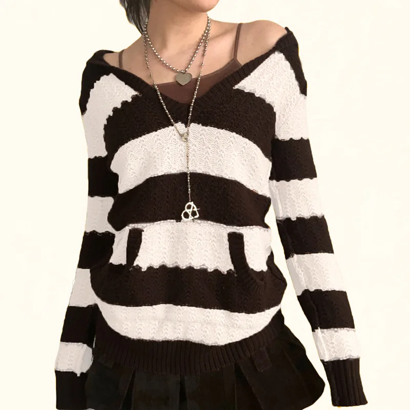 

Long Sleeve Sweatshirts Knitted Tops with Pockets Cotton Autumn Winter Stripe Printed Hooded V-Neck Sweater for Women