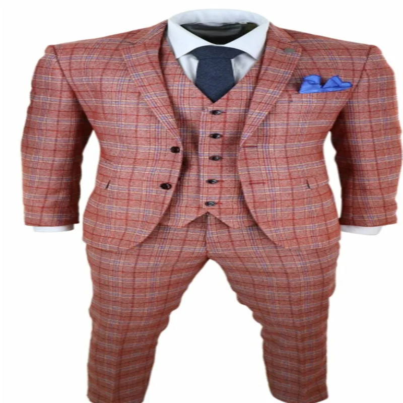 

2021 Burgundy Mens Suits 3 Piece Tweed Check Suit Herringbone Vintage Smart Wine Red Peaky Blinders Terno Masculino