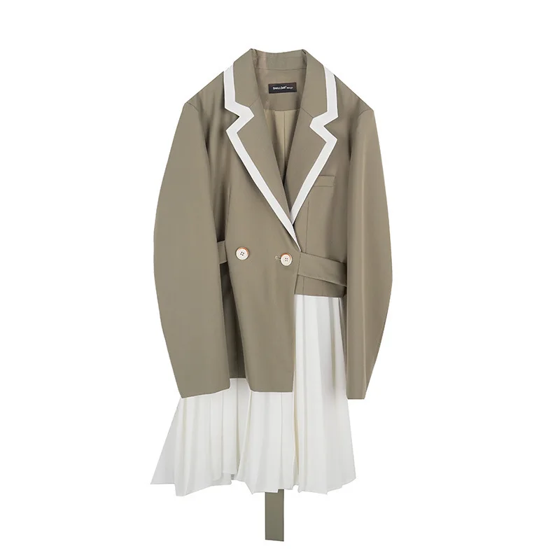 

LANMREM green casual turn-down collar high waist with belt and white fringe elegant pleated dress for female fashion tide 2A1245