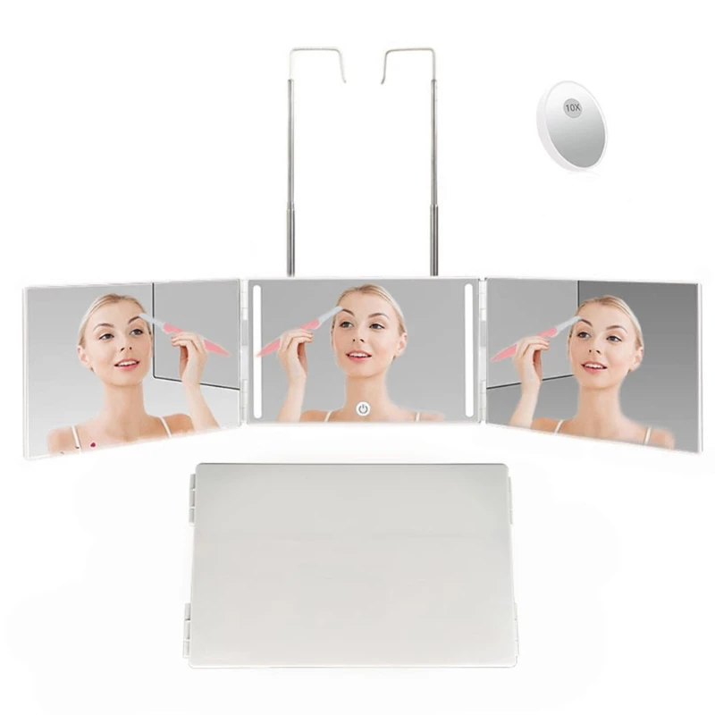 

LED Brightness Adjustable Trifold Mirror 3 Way Mirror Portable Cosmetic Makeup Mirror Hands-Free for Self Hair Cutting