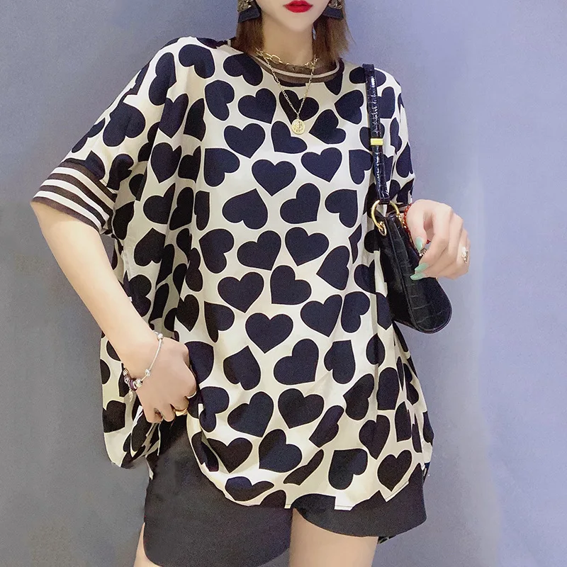 

Женская атласная рубашка из искусственного шелка, летняя рубашка с принтом сердца, свободная дамская модная расклешенная длинная рубашка большого размера с круглым вырезом и короткими рукавами