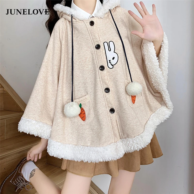 Плащ женский с капюшоном и ушками кролика Мягкая шерстяная куртка в стиле