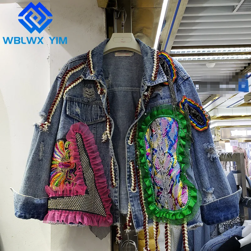 

Jeans Jacket Women Spring Autumn Fashion Diamond Patchwork Short Denim Jackets Female Lapel Loose Cardigan Jeans Coat Streetwear