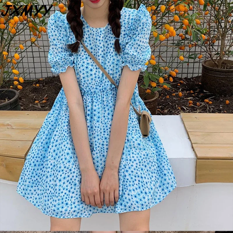 

2021 Fashion Plus Size Women's Chic Blue Floral Doll Dress Cute Puff Sleeve Casual Loose Platycodon First Love Mori Series M-4XL