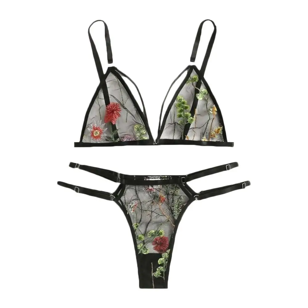 New Sexy 2 pcs Women Black Lace Crochet Lingerie set Ladies Hollow Strappy Bra Perspective Panties Erotic Underwear Sleepwear | Женская