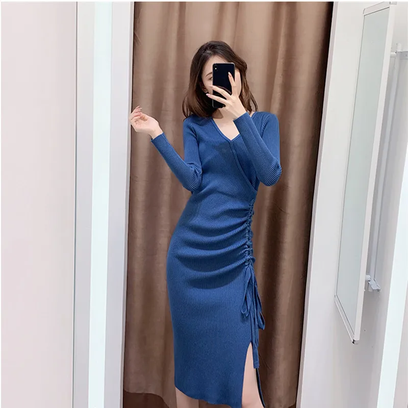 

Leiouna Casual Sheath Fashion Knitted Dress Autumn Winter Temperament Goddess Model Drawstring Woolen Dress Over The Knee Dress