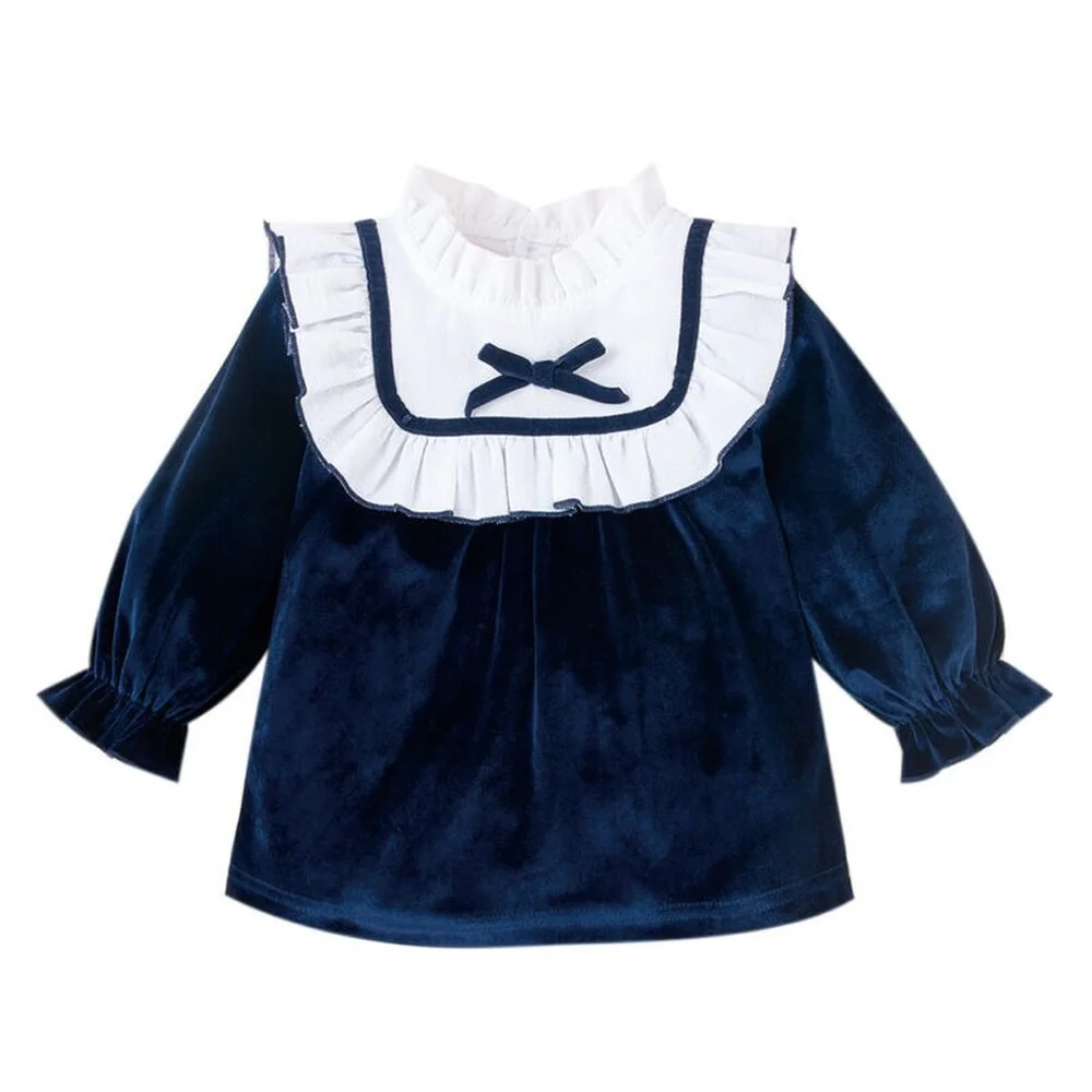 

Baby Blue Gold Diamond Velvet Long Sleeve Dress Lovely White Ruffle Round Neck Loose Casual Skirt Girl Fashion Dresses