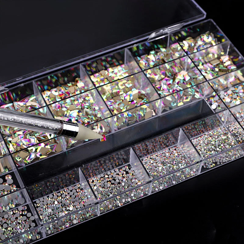 

3100PCS/Box Crystals AB Glass Rhinestone Set In Grids Flat- Back Nail Art Decoration Gem With 1 Pick Up Pen In Clear Big Box