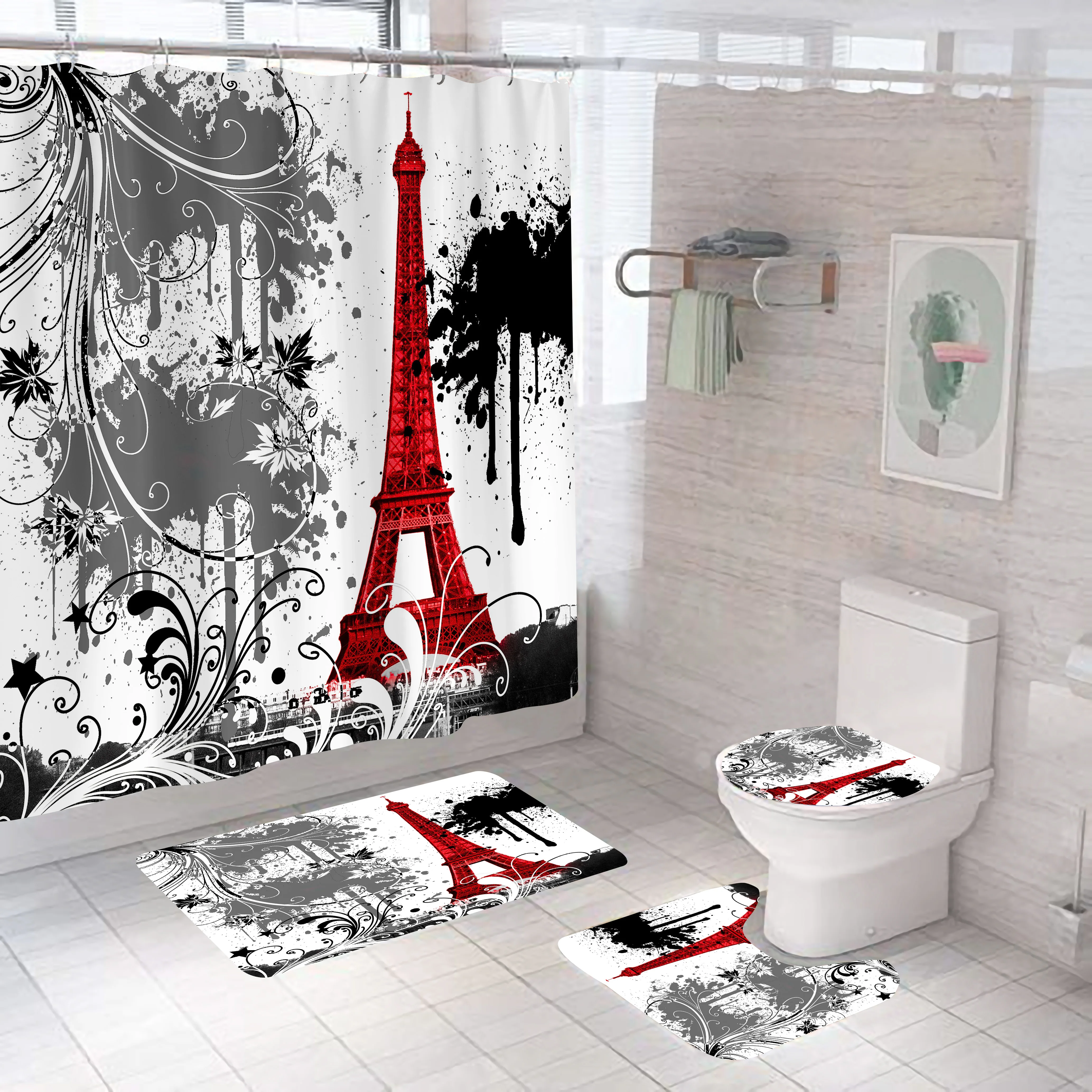 Париж Эйфелева башня красные листья ткань душ Шторы комплект дизайн с пейзажем