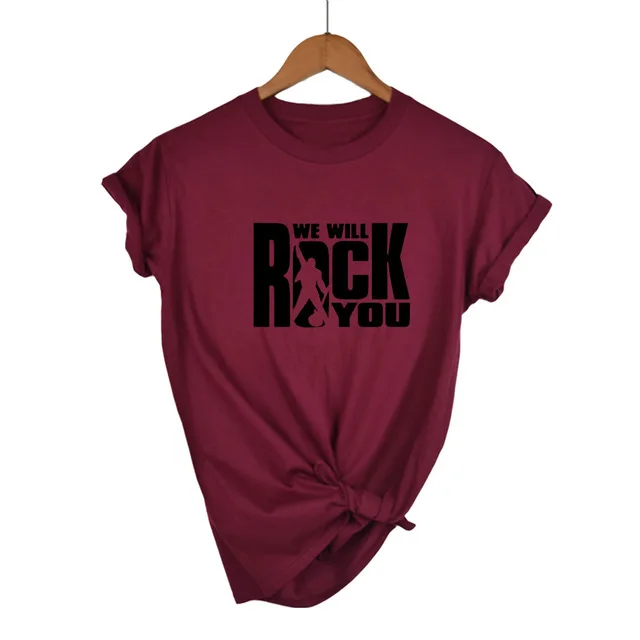 Wine Red-B We Will Rock You Женская Футболка Летний стиль королева рок группа футболка короткий рукав хлопок рок-ролл женские топы - Цвет: Wine Red-B