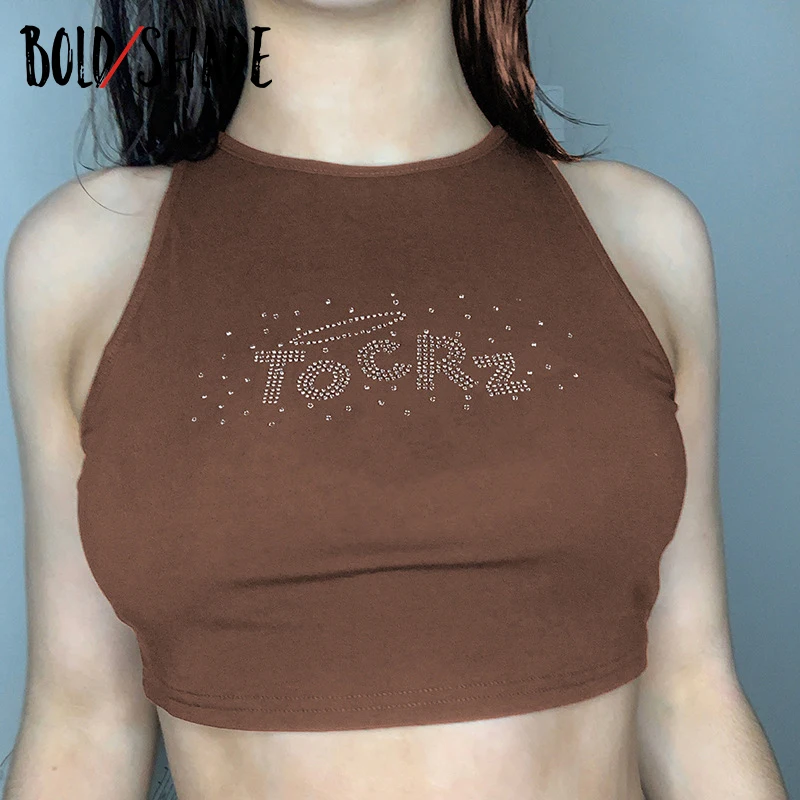 

Bold Shade 90s Grunge Indie Brown Tanks Letter Rhinestone Sleeveless Crop Tops Women Streetwear Vintage Fashion Summer Tank Top