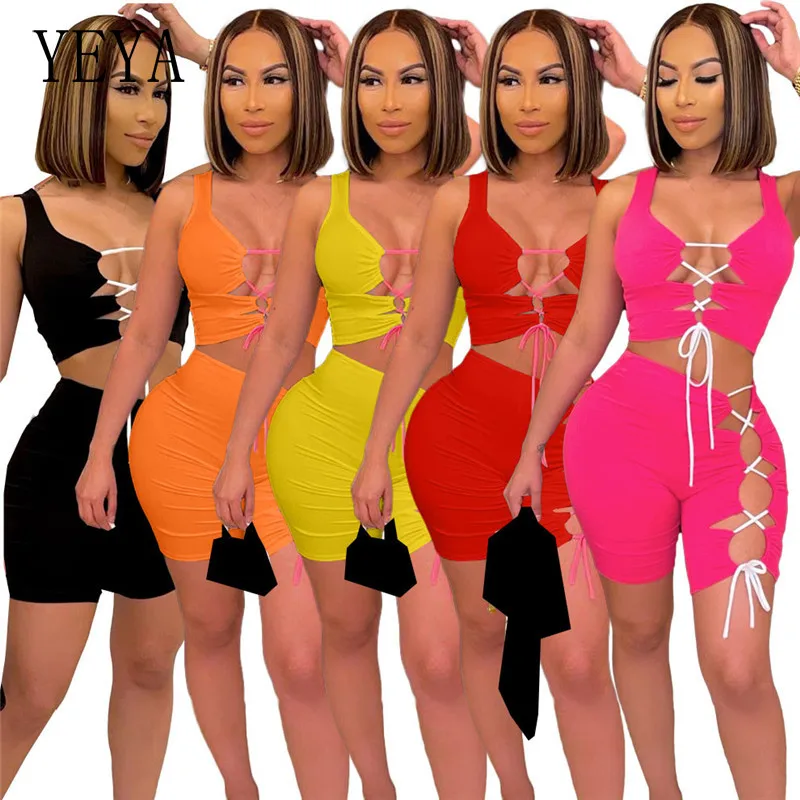 

KEXU Women Solid Lace Up Sexy Two Piece Set Vest Tops and High Waist Skinny Shorts Suit Party Clubwear Female Matching Outfits