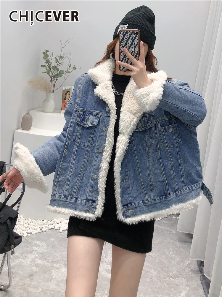 

CHICEVER Casual Patchwork LambsWool Jacket For Women Lapel Long Sleeve Korean Fashion Loose Autumn Denim Coat Female 2021 New