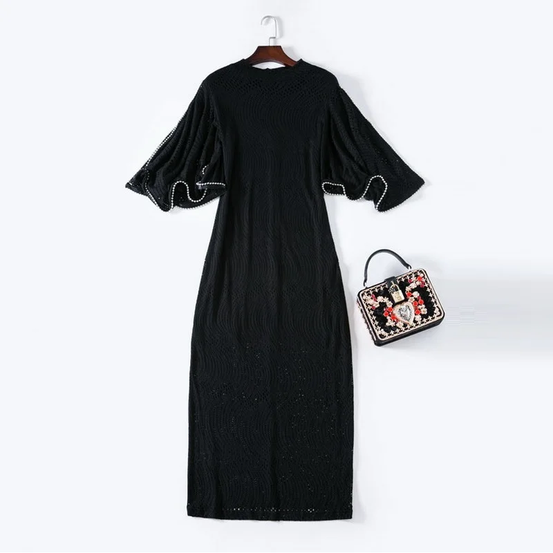 

Korean Style New Dress Women Butterfly Sleeve Vintage Beading Deco Hollow Out Knitted Bodycon Sheath Midi Long Sweater Dress