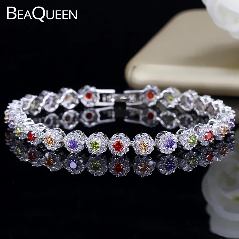 

BeaQueen Lovely Colorful Flower Crystal White Gold Color Jewelry Micro Paved Cubic Zirconia Stone Cute Bracelets for Ladies B099