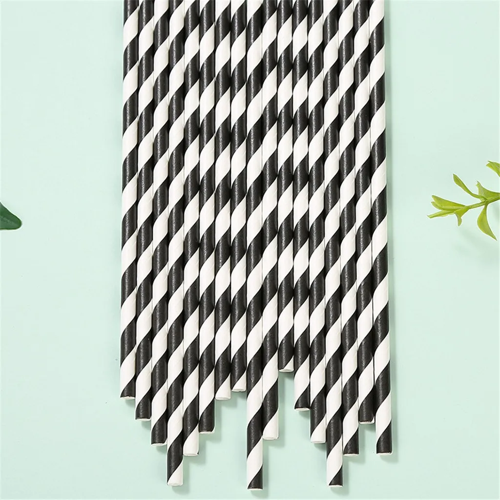

100pcs Disposable Paper Straws Black Stripe Holiday Party Drinking Straws Decoration Straws Flexible Straws For Drinks Supplies