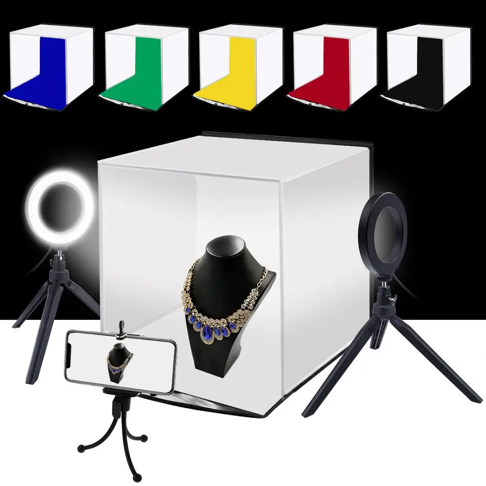 

PULUZ 30cm Photo Softbox Portable Folding Studio Shooting Tent Box + 4.6 inch Ring LED Light Kits with 6 Colors Backdrops