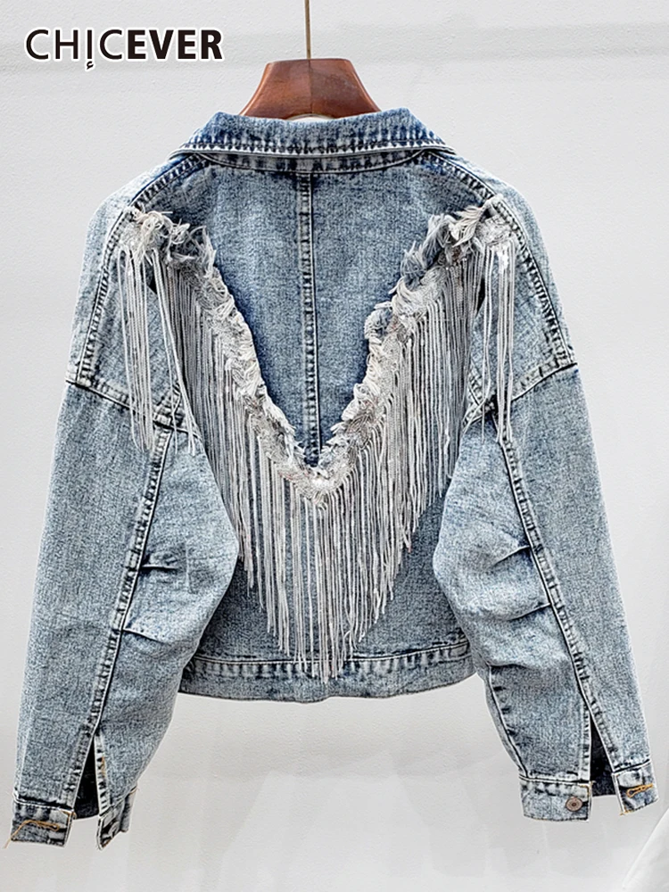 

CHICEVER Blue Casual Patchwork Tassel Denim Coat For Women Lapel Long Sleeve Irregular Loose Autumn Fashion Women's Coat 2021