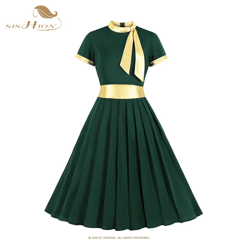 SISHION Elegant Short Sleeve Dresses Robe Party Rockabilly Casual Retro Dress 60 50s s Vintage Women Clothing SP0370
