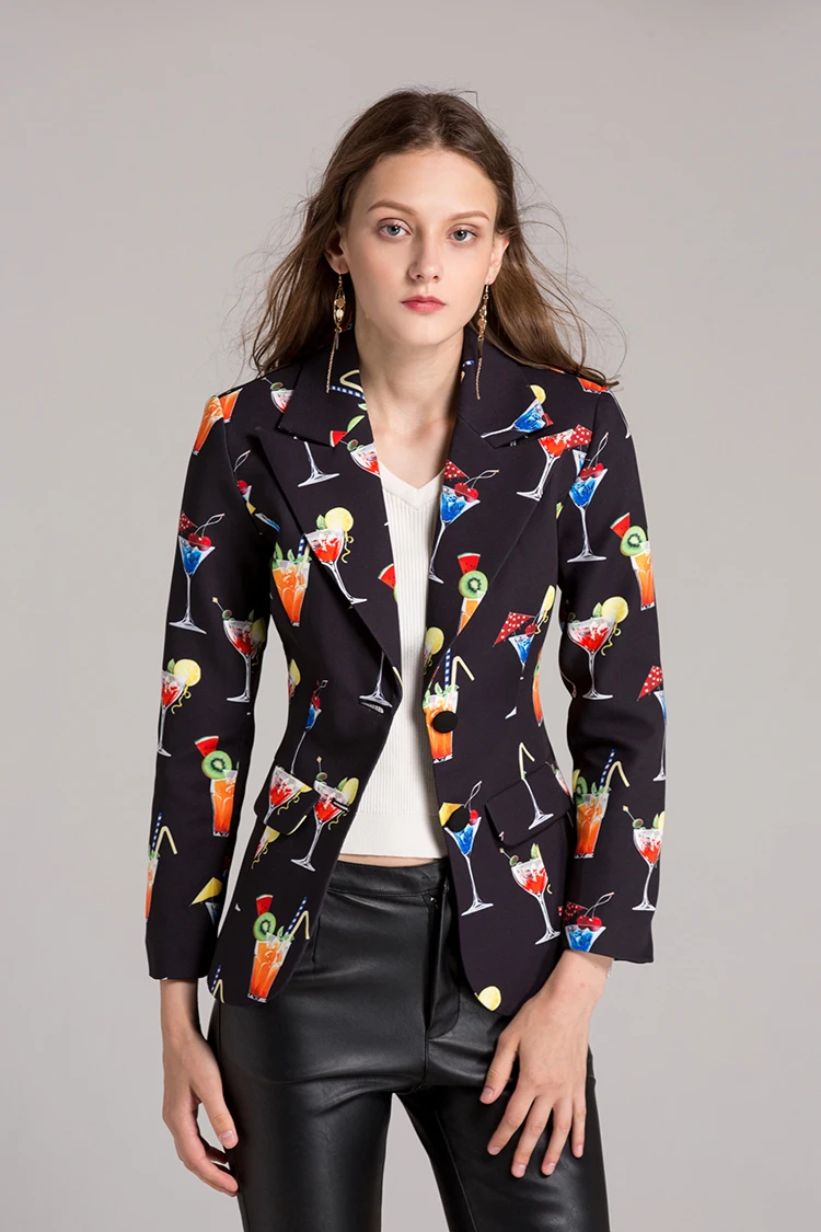 SEQINYY Black Blazer Autumn New Fashion Design Long Sleeve Women Wine Glass Printed Female Jacket