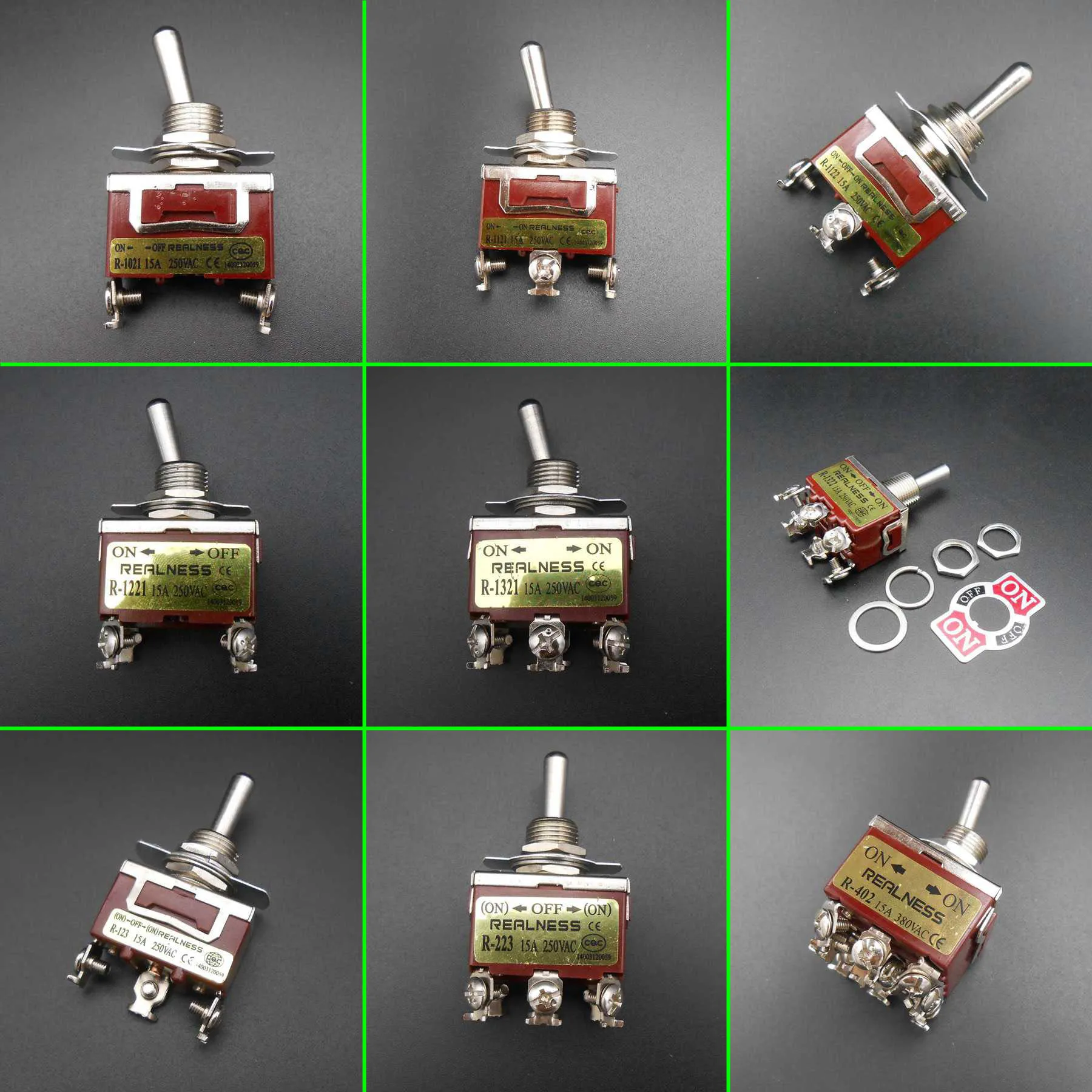 

20Pcs REALNESS Toggle Switch 15A 250VAC / 380VAC 2/3/4/6/12 Feet 2/3 Positions Silver Contact Mounting Hole 12mm Reset FD441-449