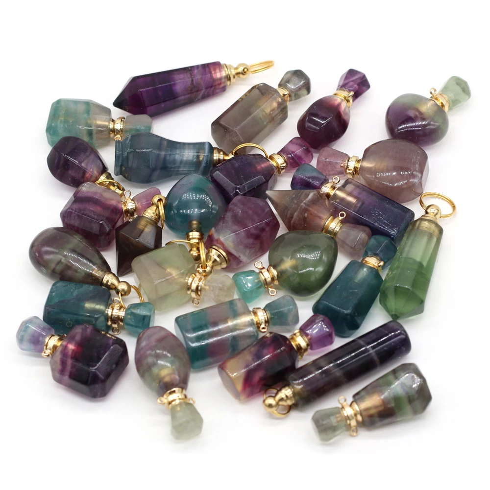 

Natural Gem Stone Perfume Bottle Pendant Exquisite Fluorite Essential Oil Vial For Women Jewelry Making Charms DIY Necklace Gift
