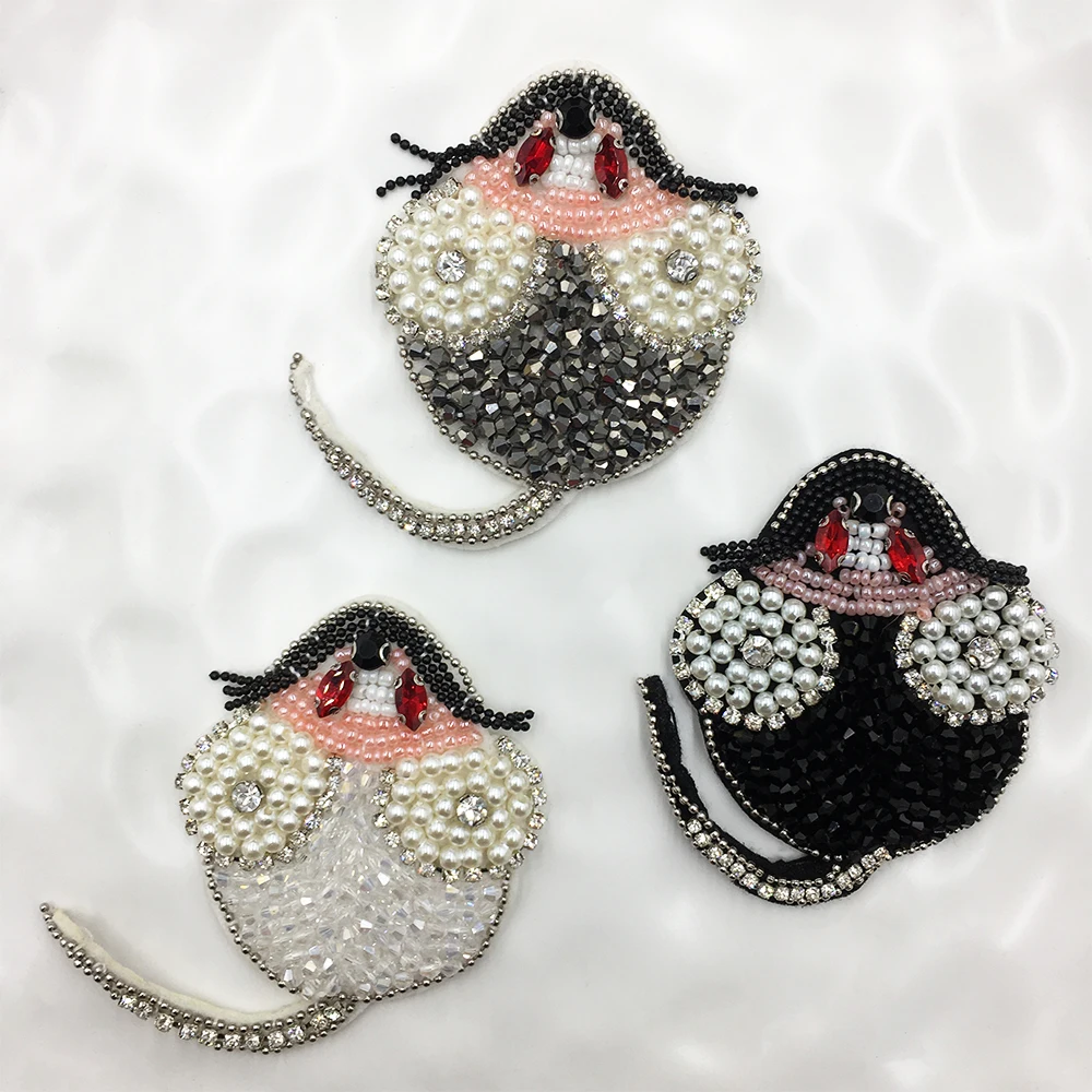

Fashion Beaded Rhinestone Cloth Patch Animal Badges 3D Little Mouse DIY Clothing Applique Jean Jacket Sewing Accessories