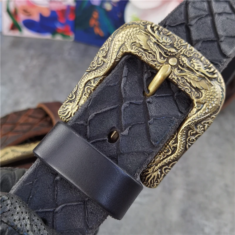Dragon Brass Belt Buckle Men's Belt Double-Sided Use Hand Carving Designer Belt Ceinture Homme Luxury Men Leather Belt  MBT0600