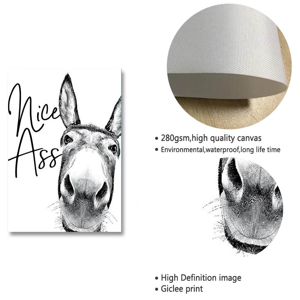 Забавный винтажный постер с изображением осла Черно-Белая настенная Картина на