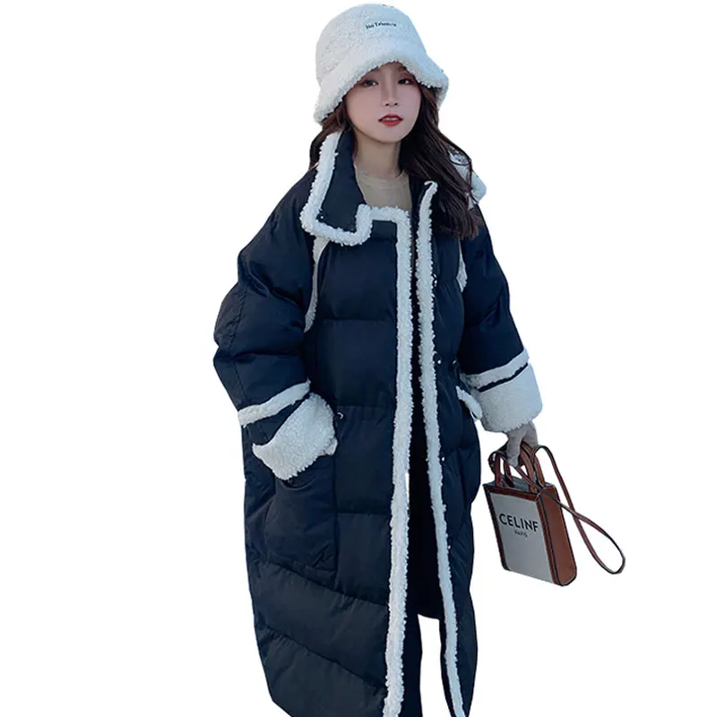 Long Lamb Wool Stitching Down Jacket Winter Female Coat Fashion Stand Collar Elegant Jacket Slim Warm Parkas New Women Outerwear