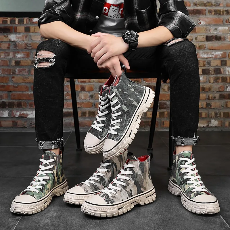 2019 spring and autumn new high to help men's shoes trend personality camouflage casual wild non-slip breathable wear | Обувь