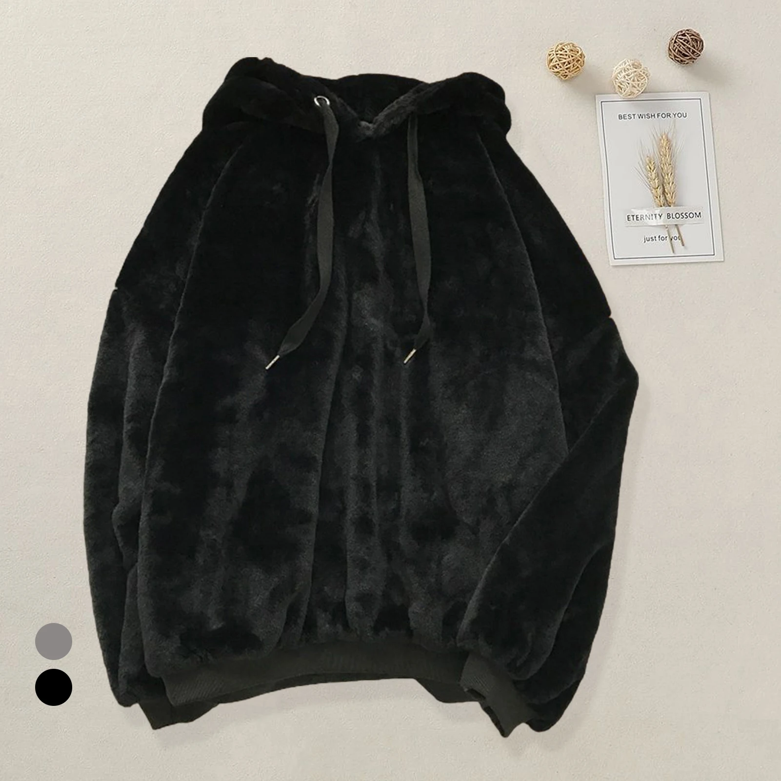Женская осенне-зимняя черная плюшевая толстовка с капюшоном толстая на шнурке