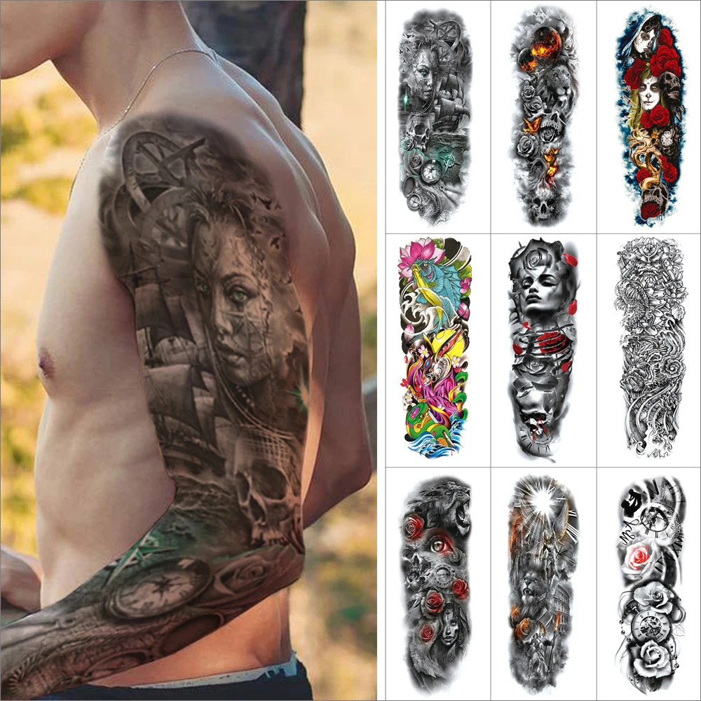 

Big Arm Sleeve Water-Resistant Temporary Tattoo Sticker Colorful flowers leopard human face clock False light Tattoo for Body
