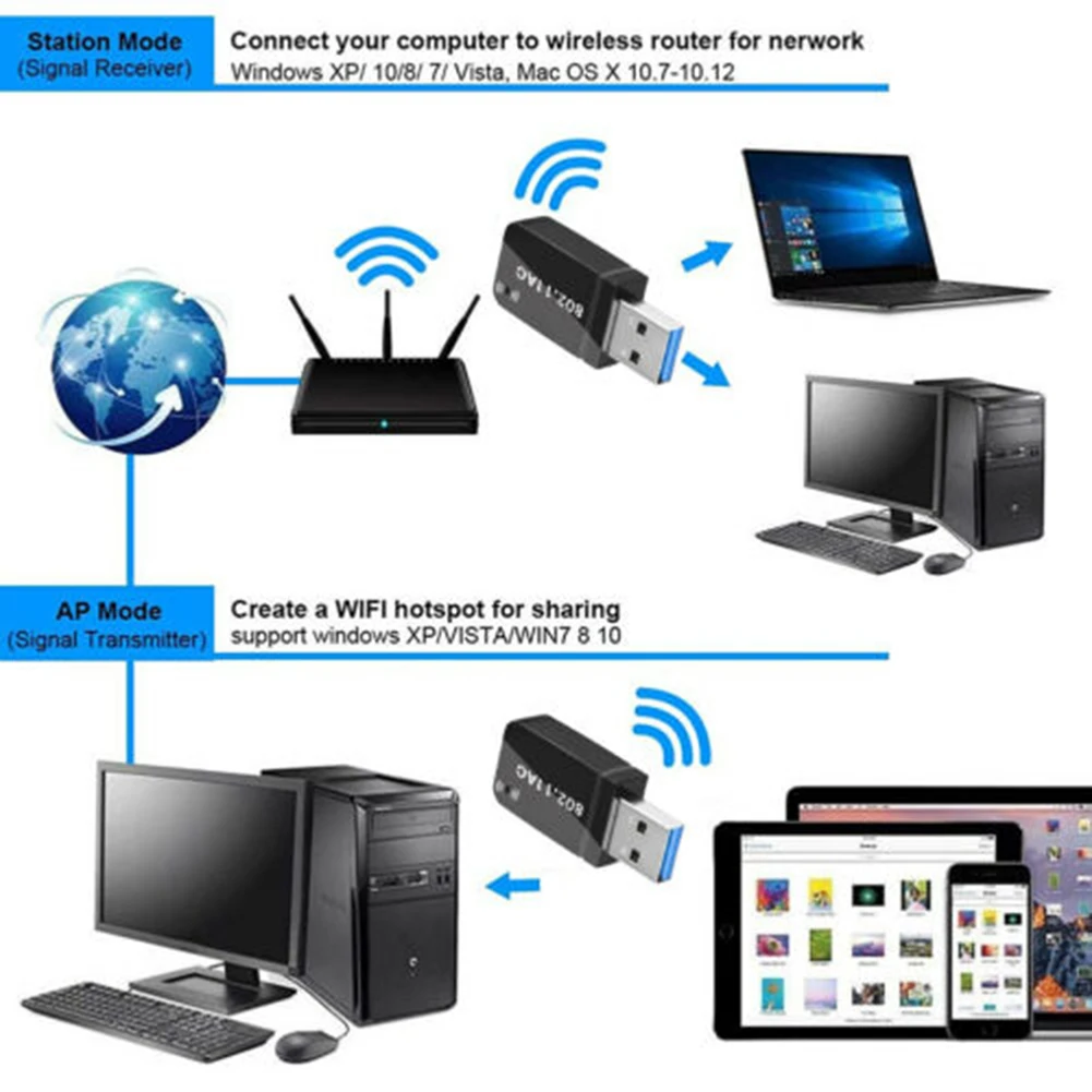 

USB WiFi Wireless AC1200 Mbps Adapter Dongle USB 3.0 Networks Card Portable for PC Laptop @M23