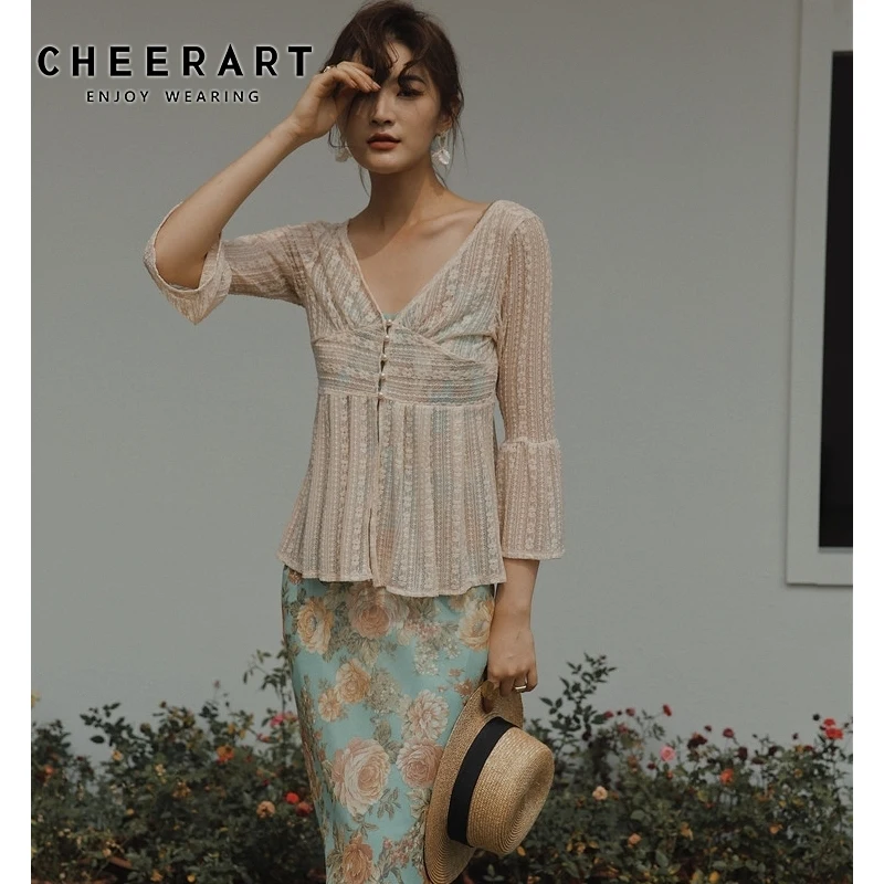 CHEERART прозрачный летний кардиган топ с расклешенным рукавом и v образным вырезом