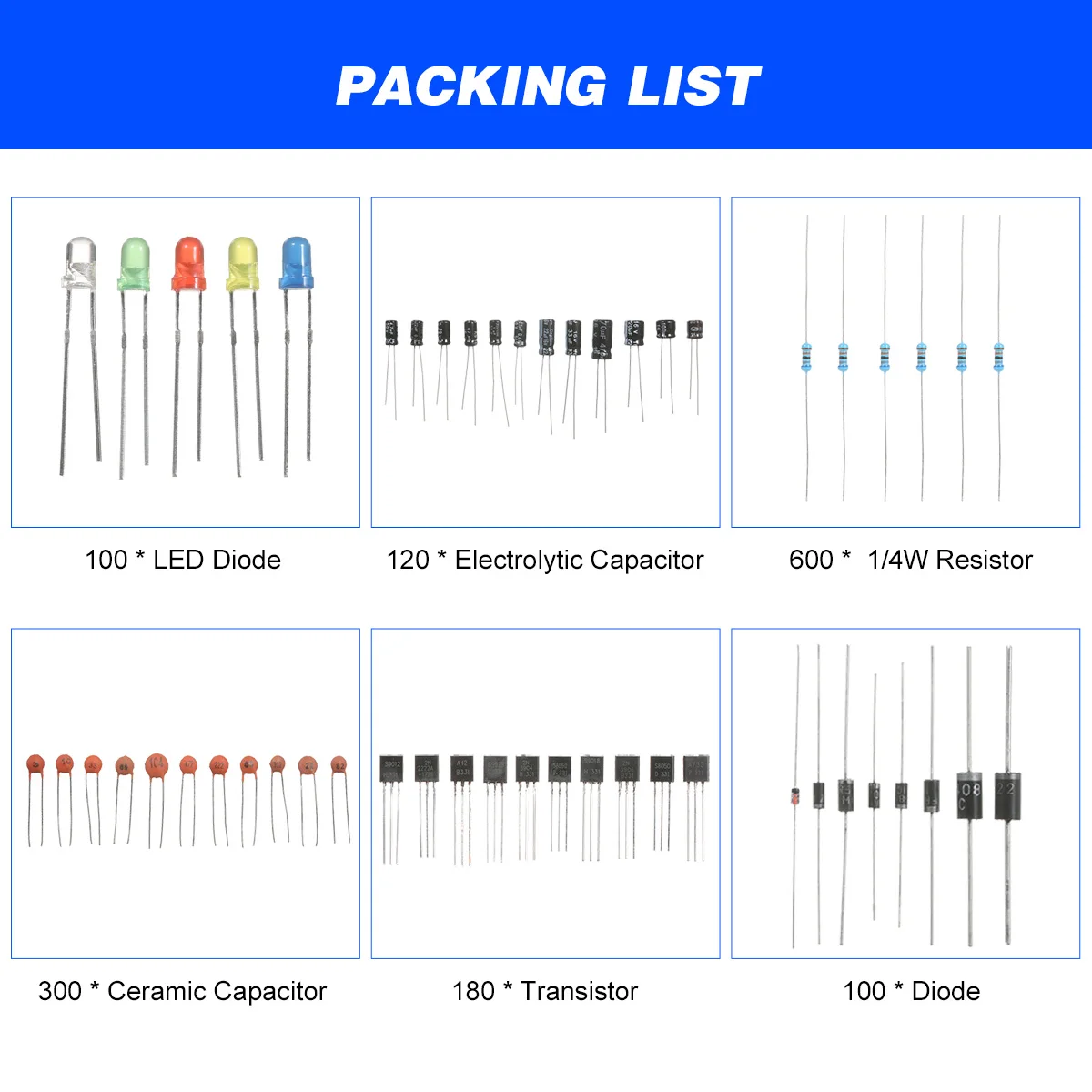 

1400PCS Components Assorted Electric Element Starter Kit 1/4W Resistance LED Diode Capacitor Transistor Ceramic Capacitor