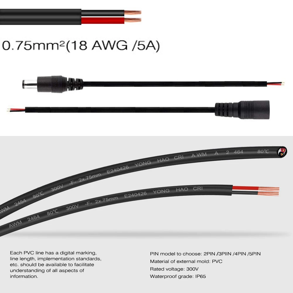 20 шт. 18AWG 16AWG 0 75 мм 5050x3528 гнездовой/Штекерный разъем питания постоянного тока