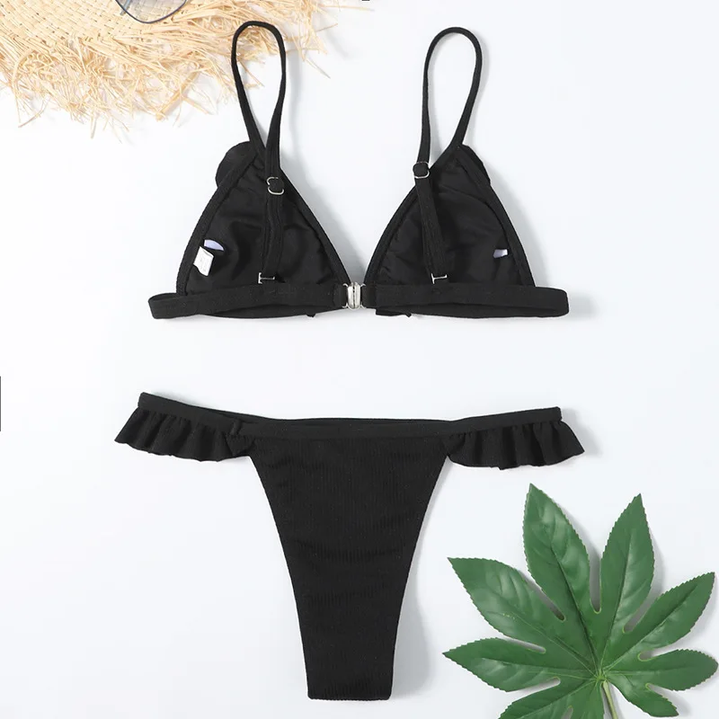 

Sexy Ruffle Ribbed Triangle Bikini Set Solid Color High Waist Tankini Swimsuit Women Backless Bathing Suit Beach Wear