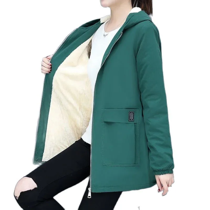 

4XL Women Windbreaker 2021New Autumn Women's Fleece Jacket Coats Loose Hooded Mid Long Overcoat Zipper Pocket Female