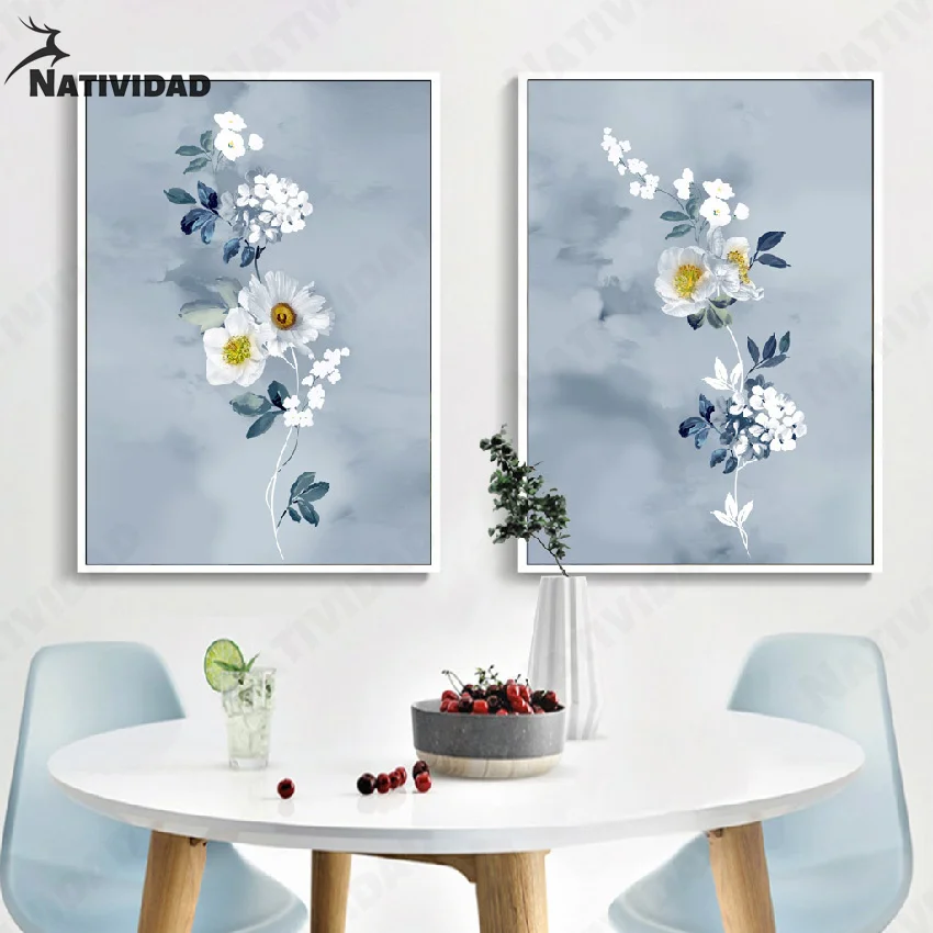 Простой белый цветок синий лист украшение для комнаты девочки акварель плакаты и