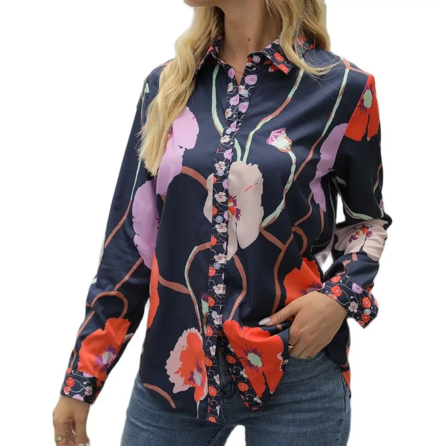 

2021 Autumn Women Fashion Printing Turndown Collar Long Sleeve Shirts Casual Loose Large Size Single Breasted Splice Shirts Lady