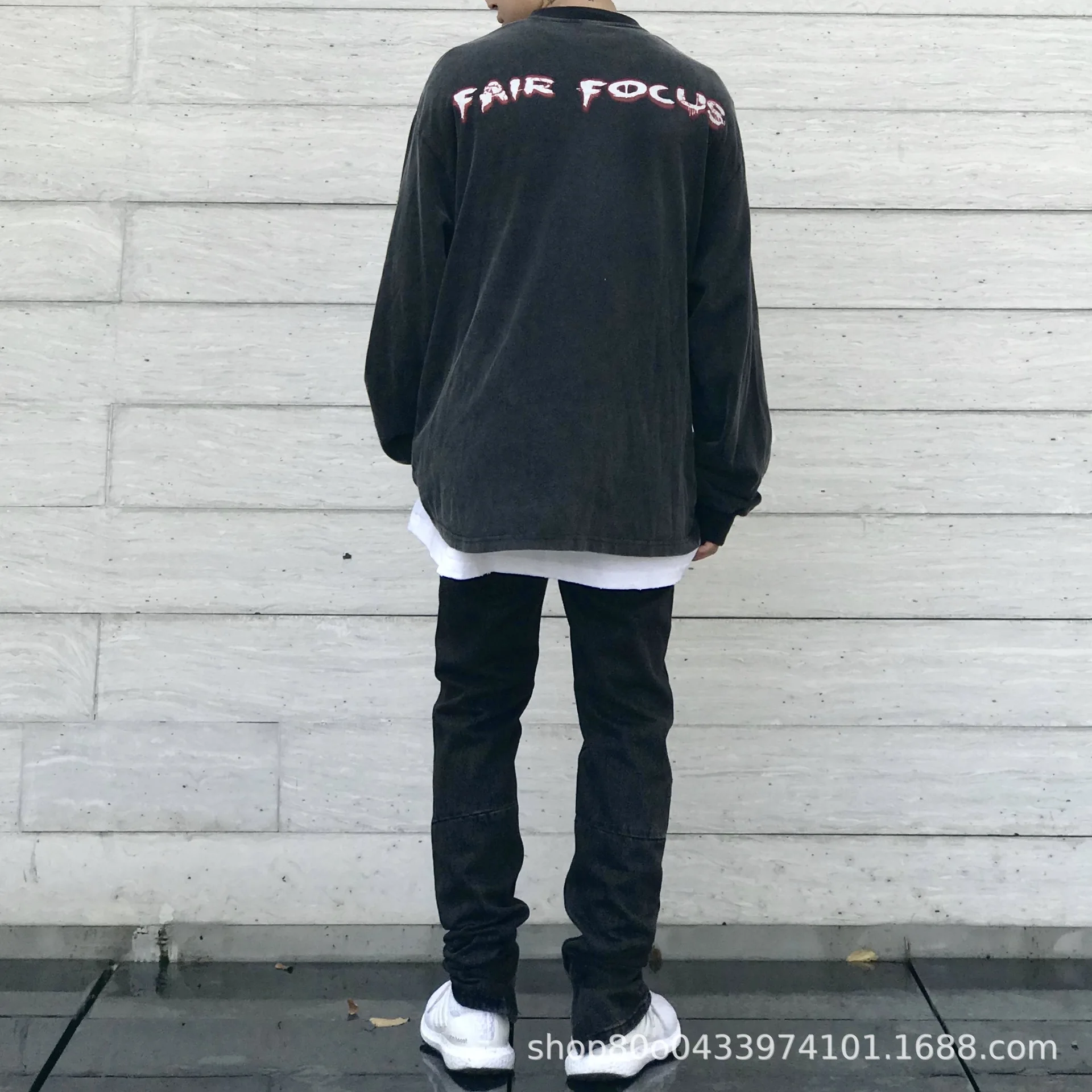 

Springand Autumn Europe and the United States High Street Dark Black Rock Hip Hop Retro Harajuku Men's Loose Long Sleeve T-Shirt