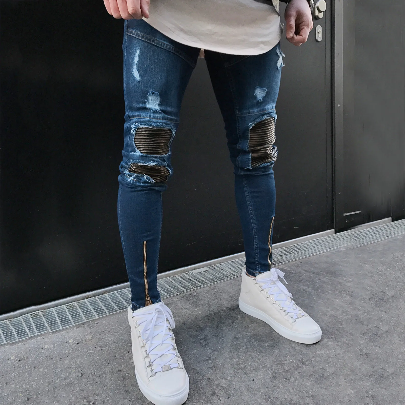 

Spring And Summer Men Casual Fitness Trousers Bodybuilding Zipper Pocket Skin Full Length Sports Denim Pants Hombre Trousers