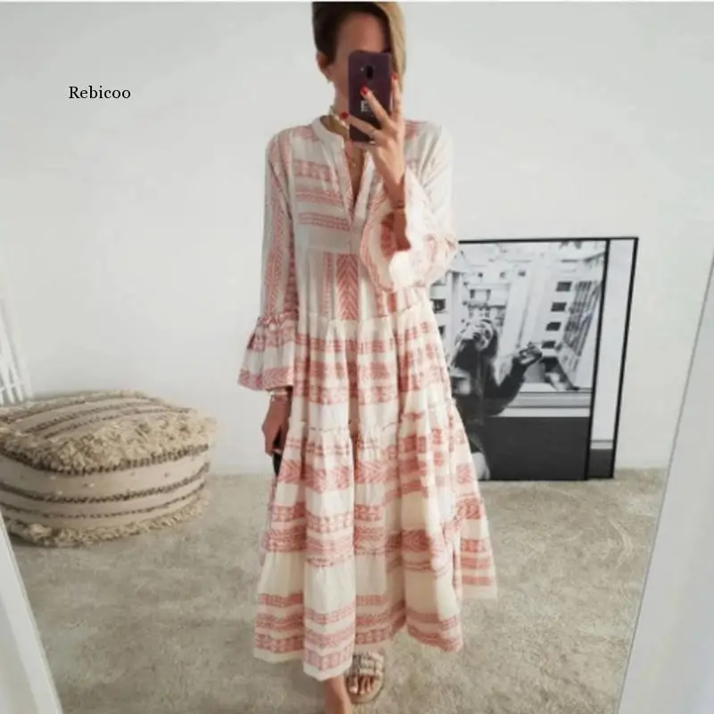 

Женское платье-макси с геометрическим принтом, V-образным вырезом и расклешенными рукавами, плиссированное пляжное платье в стиле пэчворк, ...