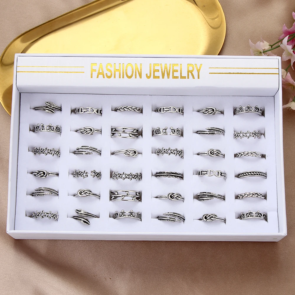 

36Pcs/Box Vintage Silver Color Leaf Crown Feather Rings Fashion Punk Combination Rings For Women Men Jewelry Ring Party Gift