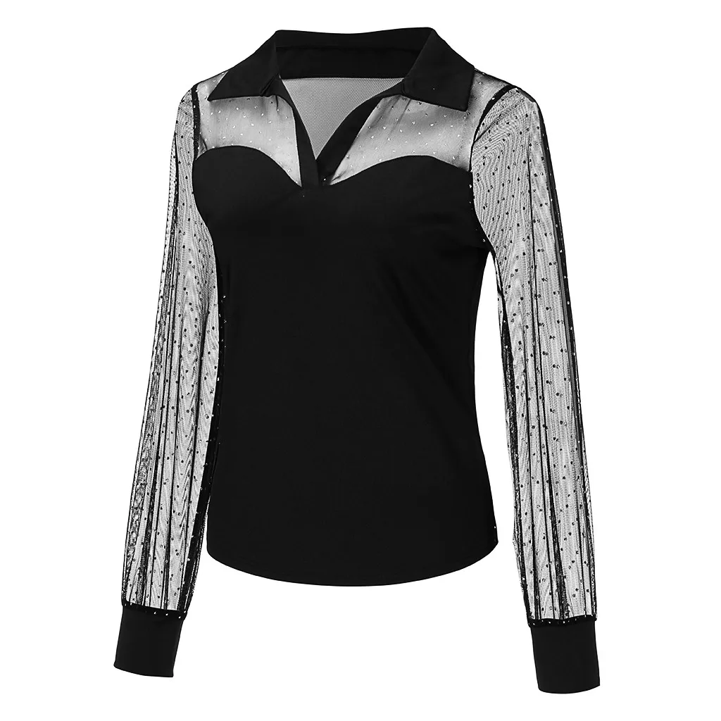 WOMAIL Black Ladies Lapel Bloused 2020 New Casual Long Sleeve Polka Dot Mesh Splicing Top Spring Summer Slim Tops Shirt 20Jan03 |