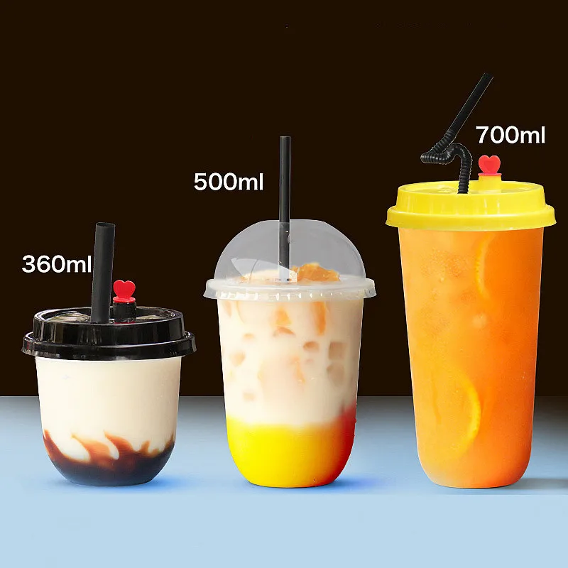 

50pcs 95 caliber U shape creative cute disposable juice cup transparent milk tea plastic cups cold drink packaging cups with lid